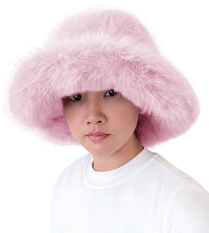 Lina & Lily Grand Chapeau Bob Hiver Femme à Larges Bords en Fausse Fourrure Poils Longs (Rose Clair)