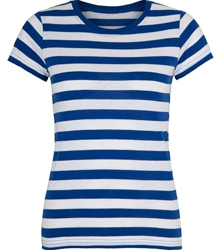 Compatibile con Mantis - Maglietta da donna retrò a righe in stile marino, a maniche corte, girocollo, certificato Oeko-Tex 100, cotone in conversione, vegano, blu royal, M