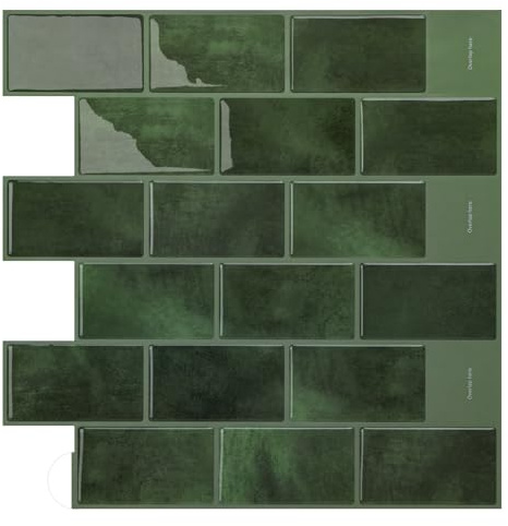 WoStick Azulejos adhesivos verdes para cocina, 3D Peel and Stick Tiles con textura vintage, fáciles de limpiar, rectángulo Subway Azulejos autoadhesivos para cocina y baño, 30,5 x 30,5 cm, 10 hojas