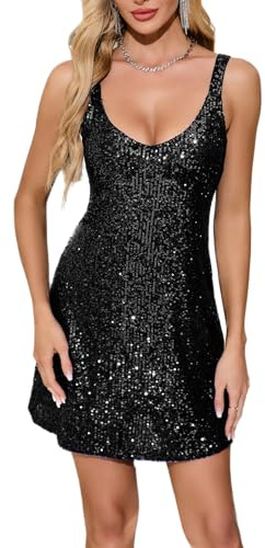 Trancylight Women's Glitter Sequin Dress Spaghetti Strap V Neck Party Cocktail Sparkly Mini Dress Clubwear Black