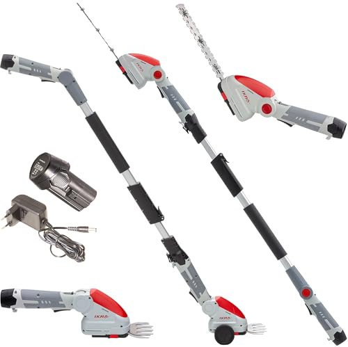 IKRA Tijeras para Hierba y arbustos telescópicas sin Cable IGBS 1210 F Incl. batería y Cargador, Cuchillas «Made in Germany»