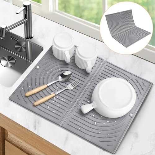 Oamwrae Silicone Dish Drying Mat, Folding Drainer Draining Board Matt for Kitchen Counter, Non-Slip, Quick Dry, Heat Resistant (43×34cm, Grey)
