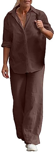 HEONSATI Completo Donna Cotone e Lino Sportiva Due Pezzi Completi Elegante Leggeri Elastica Tute Top e Pantaloni Lunghi Tuta in Lino Estiva da Casa Cotone Slim Fit Completi Casual Curvy Oversize