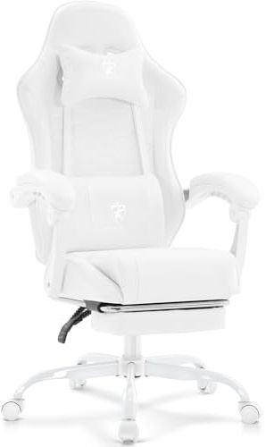 Morkprism White Gaming Chair,Computer Office Chair with Footrest,Massage Lumbar Support and Gel Pad,Ergonomic Reclining Adjustable Leather Gamer Chair with Headrest and Spring Cushion White