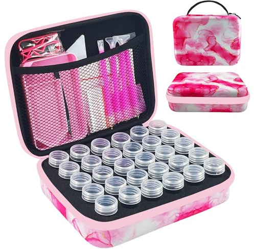 SuSentak Diamond Art Storage Containers with Dot Drill Tools,30 Slots Bead Organizer Case for 5D DIY Art Kits, Portable Craft Box for Diamond Painting Accessories (Pink)