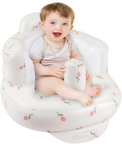 Alaoo Seggiolino Gonfiabile per Neonati, Seggiolino rialzato portatile, Pompa dell'aria incorporata, supporto per la schiena del bambino, Adatto per esterni, bagno, sala da pranzo(Tulipano)