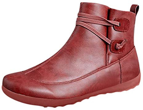 Stivaletti da donna larghi in ecopelle con zeppa comodi stivaletti corti con lacci classici supporto arco stivali antiscivolo stivali invernali da trekking stivali da trekking impermeabili, Rosso, 38