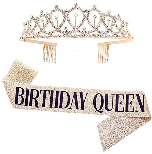 Leixi Birthday Queen Sash & Rhinestone Tiara Kit - 21st 30th Birthday Gifts Birthday Sash for Women Birthday Party Supplies (Gold)
