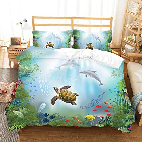 WENYA 3D Meerestiere Delfin Schildkröte Fisch Unterwasserwelt Bettwäsche-Set Blau Bettbezug und Kissenbezug Kinder Junge Mädchen (Stil 1, 135x200 cm + 80x80 cm*1)