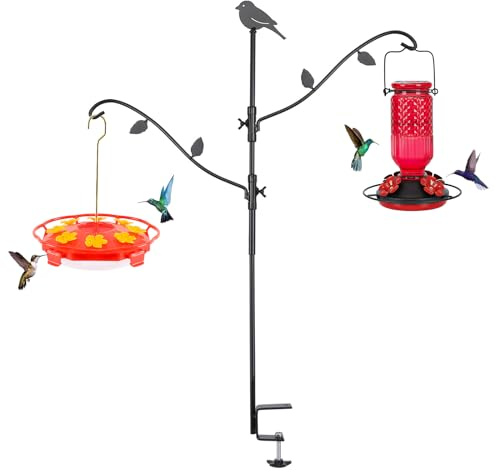 FEED GARDEN Deck Bird Feeder Pole, 42 Inches, Multiple Hooks, Adjustable, Detachable, Heavy Duty Steel, Stable, Black, BirdFeeders Porch for Deck Kit for Outside Bird Feeders and Plant Hangers