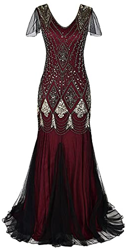 Flapper Dresses 1920s Gatsby - Womens Vintage V Neck Art Deco Beaded Sequin Mermaid Hem Formal Evening Party Dresses Plus Size Cocktail Maxi Gown Prom Halloween Fancy Dress Costume