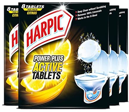Harpic Powerplus Active Tablets, Citrus Fresh, Pack 4 x 8 Tablets, Deep Clean Without Scrubbing, Removes 100% Limescale, Toilet Cleaner