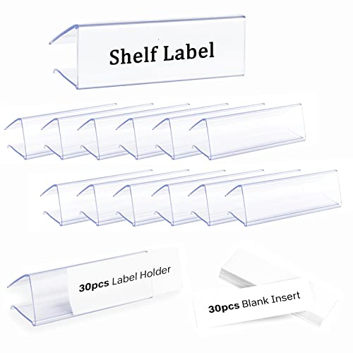 30pcs Plastic Shelf Label Holder, Clear Shelf Label Holder Wood Sign and Tag Ticket Label Holders Clips On to Shelves Thick Shelves with Matched Blank Inserts
