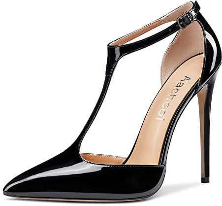 Aachcol Femmes T-strap Sandales Haut High Aiguille Talon Heel Pointu Bout Mary Jane Lanières Cheville Escarpins Clear Dress Chaussures 12 CM Noir Vernis 38 EU
