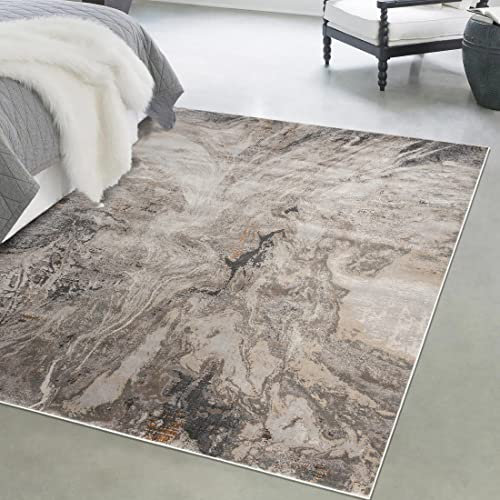 Mazovia Modern Teppich - Vintage Abstract Muster - Weich Teppich für Wohnzimmer, Schlafzimmer, Esszimmer - ÖKO-TEX Wohnzimmerteppich Shrink Polyester – Kurzflorteppich Grau Beige 140 x 200 cm