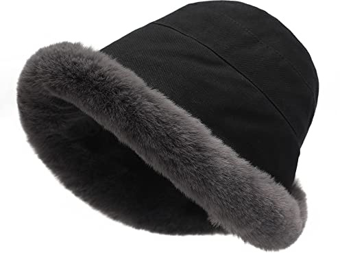 ZLYC Women Winter Furry Bucket Hat Rolled Brim Faux Fur Cloche Hat with Fleece Lining(Solid Black)
