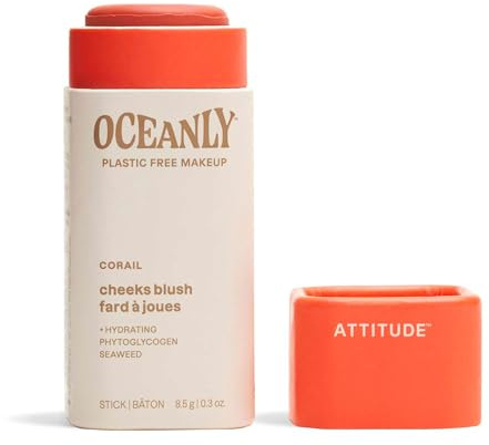 ATTITUDE Oceanly Plastic-Free Lightweight Blush Stick, Titanium Dioxide-Free, EWG Verified, Vegan Makeup, Corail, 8.5 grams