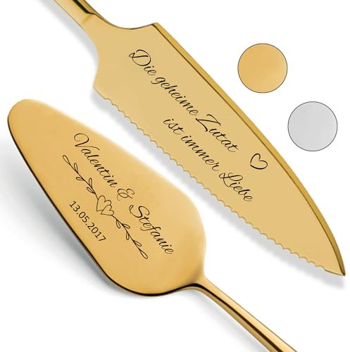SMARTEON Cake-Server Set Geheime Zutat mit Tortenmesser und Personalisierter Gravur – Hochzeitsgeschenke für Brautpaar, Geburtstag, Jubiläum, Geschenkidee für Paare – Goldfarbenes Set in Geschenkbox