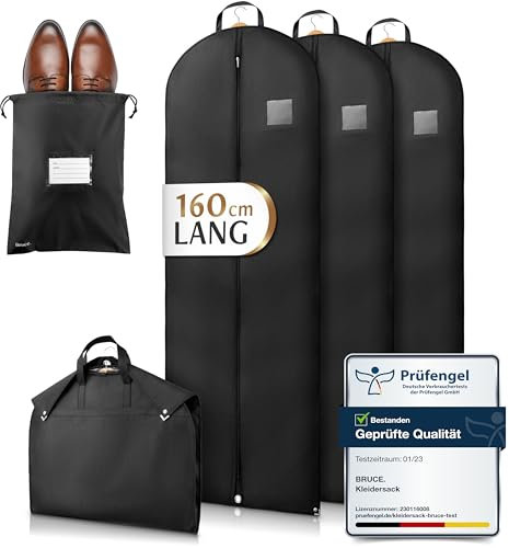 Bruce.® 3x Kleidersack Lang 160x60 cm inkl. 1x Schuhbeutel – Premium Kleiderhülle für Abendkleid, Robe & Trachten – 120 GSM Materialstärke – Atmungsaktive Schutzhülle für Reisen & Kleiderschrank