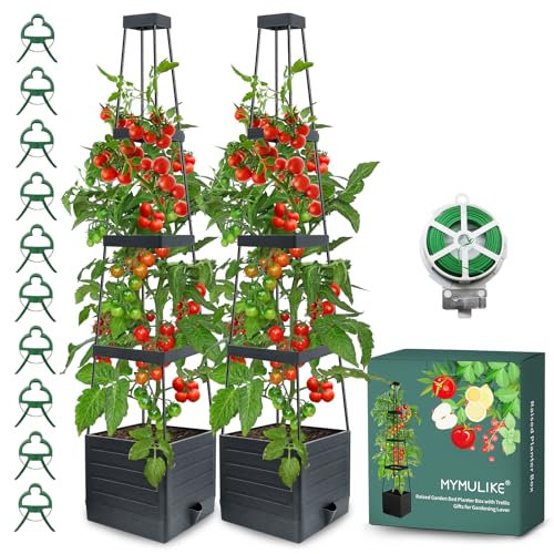 MYMULIKE Fioriera rialzata da giardino con traliccio, fioriera a gabbia per pomodori, aiuola rialzata con traliccio, per rampicanti, verdure, piante, gabbia per pomodori, auto-irrigante, 25 x 25 x 150