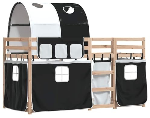 vidaXL Lit superposé avec Rideaux Blanc/Noir 90x190 cm Bois pin Massif, lit, Cadre de lit, lit superposé Bas, Meuble de Chambre à Coucher