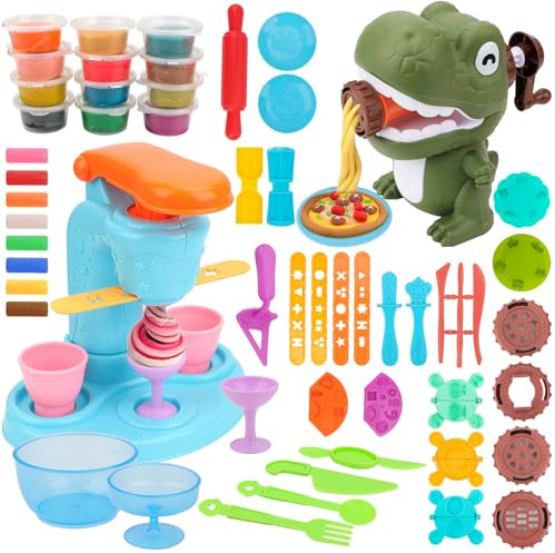 WOOWAIR 58 Stück Knete Set für Kinder, 2 in 1 Knetwerkzeug mit Eismaschine & Dinosaurier-Nudelmaschine,12 Dosen Knetmasse,Kinderknete-Küchenkreationen Spielzeug Geschenk für ab 3 Jahre