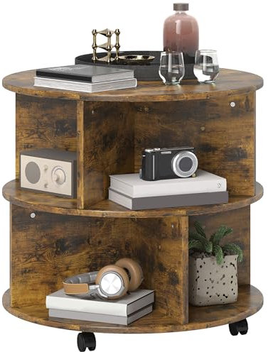 HOMCOM Round Coffee Table, Movable Centre Table with Divided Shelves and Rolling Wheels, 3 Tier Living Room Table, Rustic Brown
