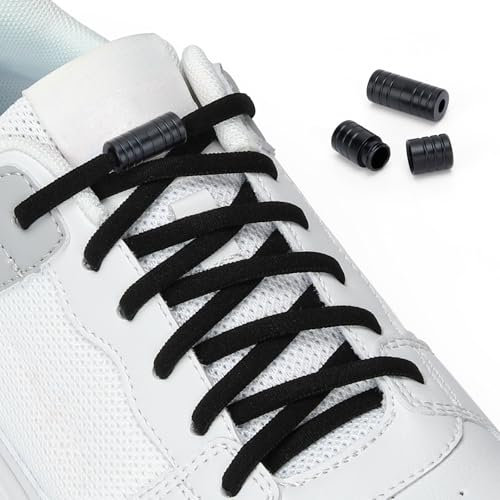 Euqvunn 120CM Elastiska Skosnören Med Metallkapslar, 6mm Premium Elastiska Snören Sport Ingen Knytning Skosnören För Sneakers, Löparskor, Sportskor(Svarta)