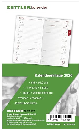 Zettler Kalenderersatzeinlage TP 1W/1S 2026 – Ersatzkalendarium 9 × 15 cm für Taschenplaner Typ 540, 64 Blatt, 1 Woche auf 1 Seite, Sonn- & Feiertage, Wochenzählung, Sonnenzeiten, geheftet, FSC