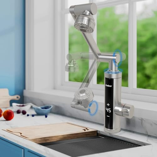 Fudeer 220V Stainless Steel Electric Hot Water Tap,3.3 Kw 30-45℃ Warm Water Faucet for Bathroom，Kitchen with 2 Spray Modes,1080 Degree Swivel Tap with Digital Display(Silver)