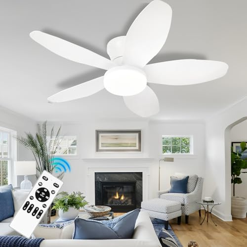 LASANYA Ventilatore da Soffitto con Luce e Telecomando Soggiorno Lampadario Ventilatore da Soffitto a 5 Pale Dimmerabile Per Camera da Letto Reversibile, 6 Velocità, Motore DC-White||88CM