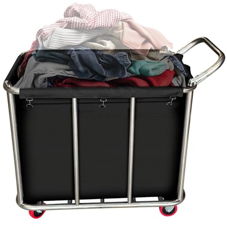 Chariot à linge industriel à roulettes, chariot à linge commercial robuste en acier inoxydable 460L, avec sac de doublure amovible, trieur de grande capacité pour une utilisation en usine et en hôtel