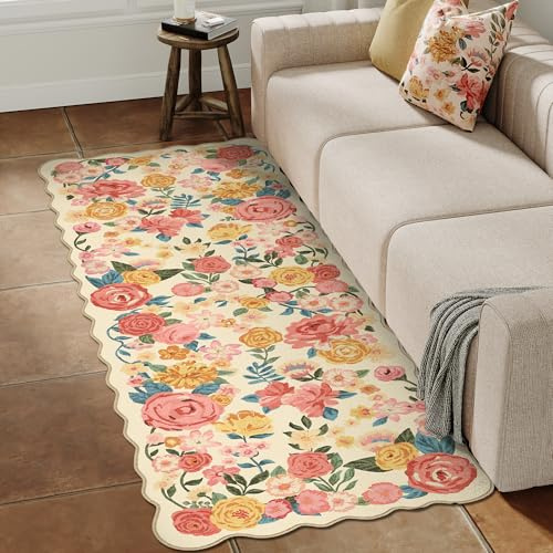 HUGEAR Beige köksmatta 60 x 180 cm mattor korridor löpare löpare halkfri tvättbar modern lång rektangulär blommönster kort lugg rug