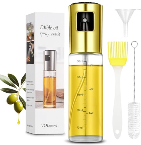 OSDUE Aceite Spray 100ml, 4 Piezas Pulverizador Aceite Spray para Cocina Vidrio Antigoteo con Embudo, Cepillo de Silicona, Cepillo de Limpieza para Aceite de Oliva, Vinagre, Jugo de Limón Ensaladas
