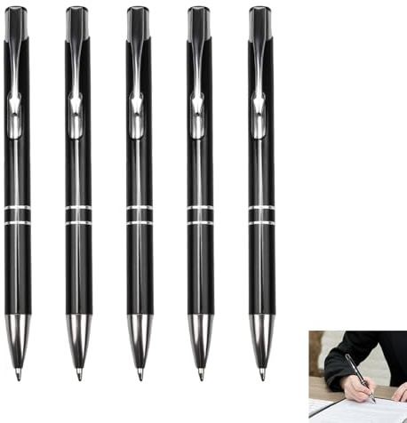 Set med 5 metallkulspetspenna, metallkulspetspenna, 1,0 mm, flytande och bekväm skrift, svart bläck med metallklämma, ergonomiskt handtag, perfekt för kontor, skola