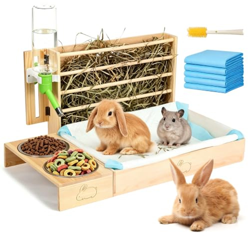 4 en 1 Mangeoire à Foin en Bois pour Lapin, Multifonction Râtelier à Foin avec Toilettes, Gamelle et Bouteille d'eau, Distributeur de Foin pour Lapins, Hamsters, Chinchilla et Petits Animaux