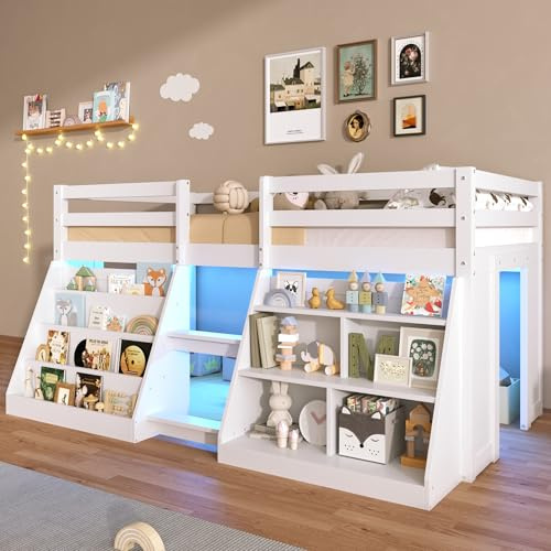 Merax 3FT Kids Single Bed Frame, Space-Saving Design Wooden Cabin Bed with RGB LED Light, Stairs, Bookcase & Storage Shelf, Modern Low Loft Bed, Under-Bed Play Space & Safety Guardrail, White