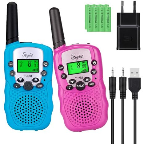 Sigdio Walkie Talkies Niños PMR446 con 8 Piezas Baterías Recargable y Cargador 8 Canales Función VOX LCD Pantalla 10 Tonos Linterna Incorporado Walky Talky (Azul y Rosa)