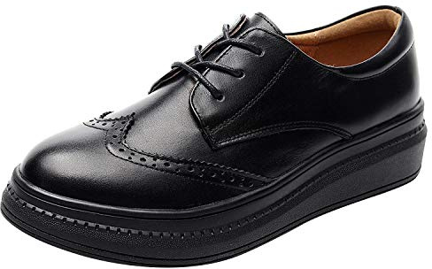 rismart Women's Casual Leather Brogue Wedge Shoes Comfortable Platform Oxford SN02406(Black,4 UK)