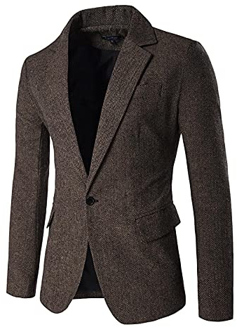 LUCKME Mens Herringbone Blazer Plain Tweed Blazer Jacket Regular Fit One Button Suit Blazer Notched Business Work Wedding Formal Jackets Coffee