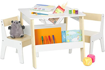 Relaxdays Kindersitzgruppe, Kindertisch mit 2 Stühlen, mit Stauraum, für Jungen und Mädchen, Kindersitzecke, weiß/beige