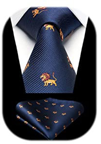 HISDERN Krawatte Navy blau Herren Krawatten Löwe Muster mit Einstecktuch Krawatte Hochzeit und Taschentuch Set