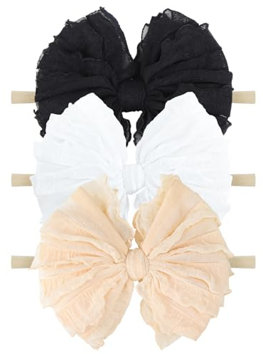 Lanmerry Baby Girl Headband with Bows, 3Pcs Nylon Hair Accessories for Infant, Toddler Girls, Black, White, Beige - HAIRBAND