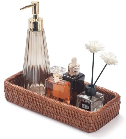 Plateaux Salle de Bain en Rotin Paniers de Rangement pour Toilettes Rectangulaire (Miel Brun 26 x 12.5 x 4cm)