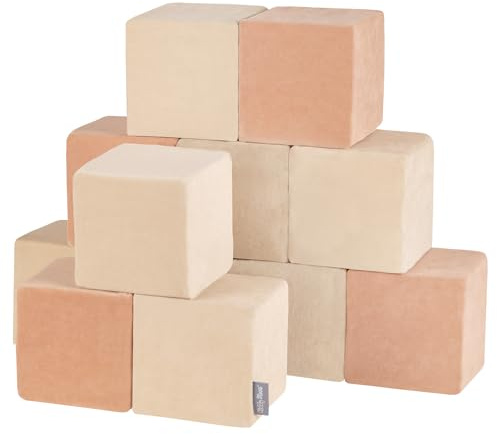 KiddyMoon skumkub för baby gjord av velour mjuka block skum leksak Montessori-leksak med skum och ha kul för barn, 12 stycken, block: sandbeige/ökenrosa
