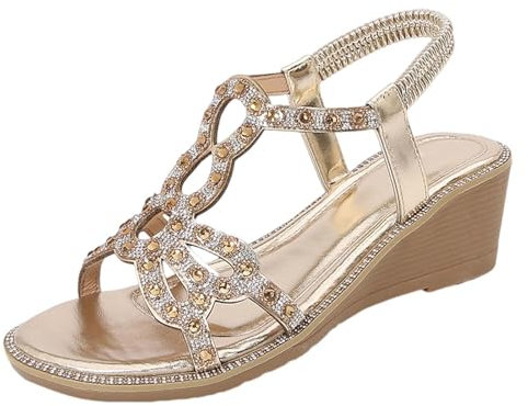 Sandali da donna con tacco – Sandali con zeppa, con zeppa, con punta aperta, per il tempo libero, da spiaggia, con plateau, gold, 37 EU