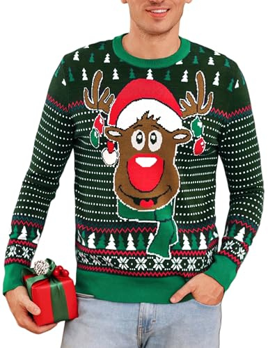 Leversic Pull de Noël Homme Hiver Moche Drole Sweat Chaud Christmas Jumper Manches Longues Vert XL