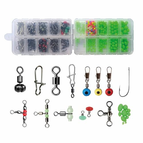 F2M - Lot pêche en mer 375 éléments montages, empiles, Bas de Ligne surfcasting - Pack Mix émerillons + Perles fluorescentes + hameçons Longues tiges + Agrafes - Pêche aux leurres, Surf, toc