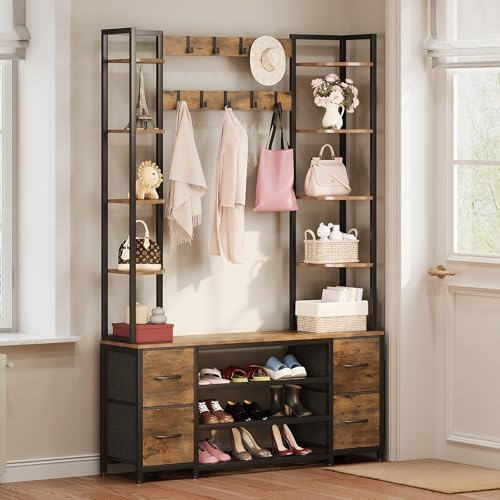 Tohomeor Large 5-in-1 Entryway Hall Tree with Bench Coat Rack 9 Movable Hooks 4 Storage Drawers 8 Corner Open Shelves 3 Tier Shoe Rack Industrial for Home Living Room Hallway (Rustic Brown)
