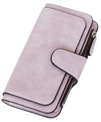 Prizmxed Geldbeutel Damen, Geldbörse groß viele fächer weiches PU-Leder, verschleißfest und langlebig，Schnell öffnen und schließen, geldbörse Damen Gross geeignet für Pendeln einkaufen (Rosa, groß)